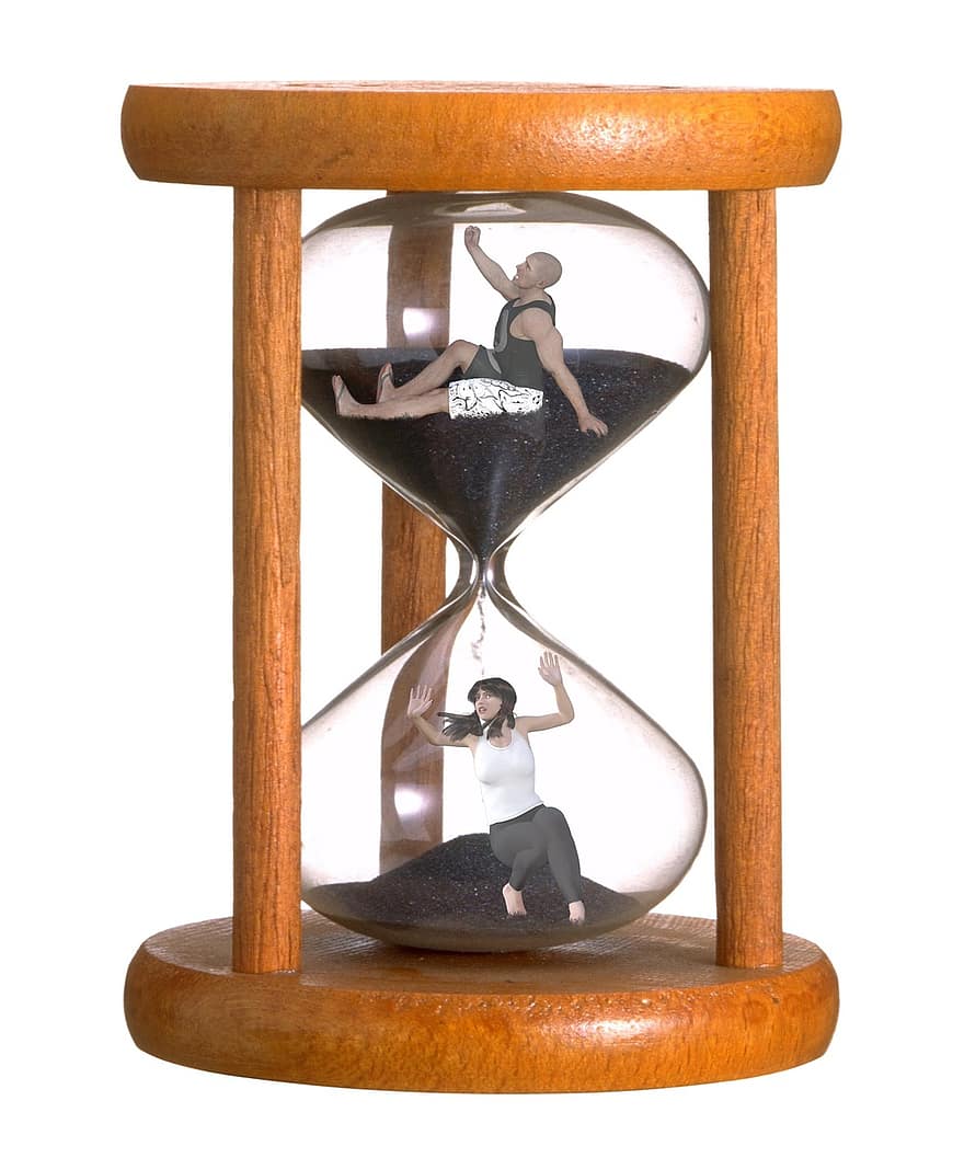 timeglas, tidssand, kvinde, mand, måle, nedtælling, time, minut, sand, tid, tiden løber ud