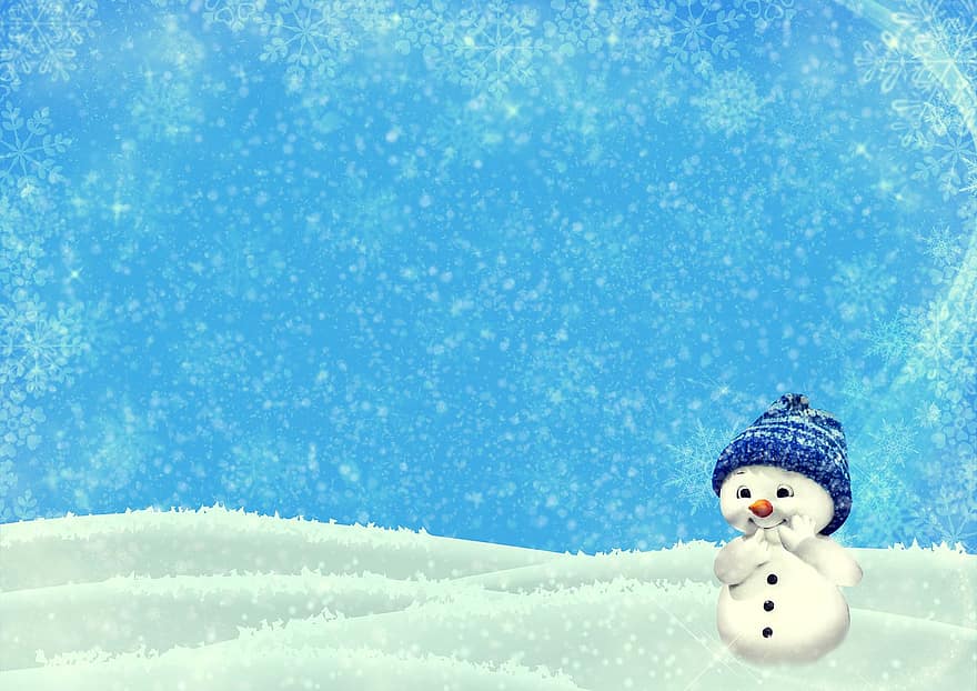 julmotiv, julkort, snögubbe, snölandskap, jul, vintrig, snö, ljuv, söt, snöflingor, bakgrund