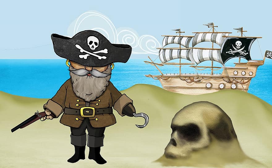 pirát, háček, pláž, loď, písek, kapitán, moře, pistole, ostrov