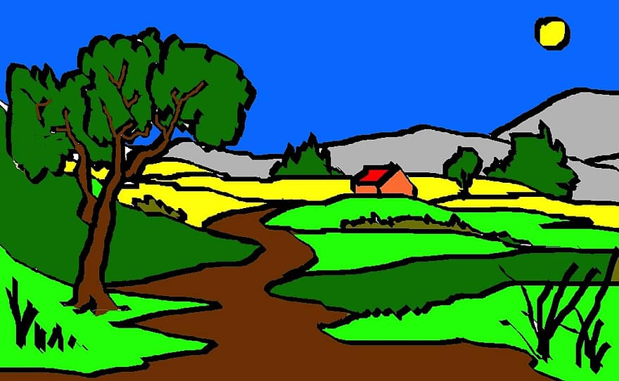 Art, Drawing, Landscape, Sky, Trees, Stream, Mountain, Grass, Artistic, Farm, Barn