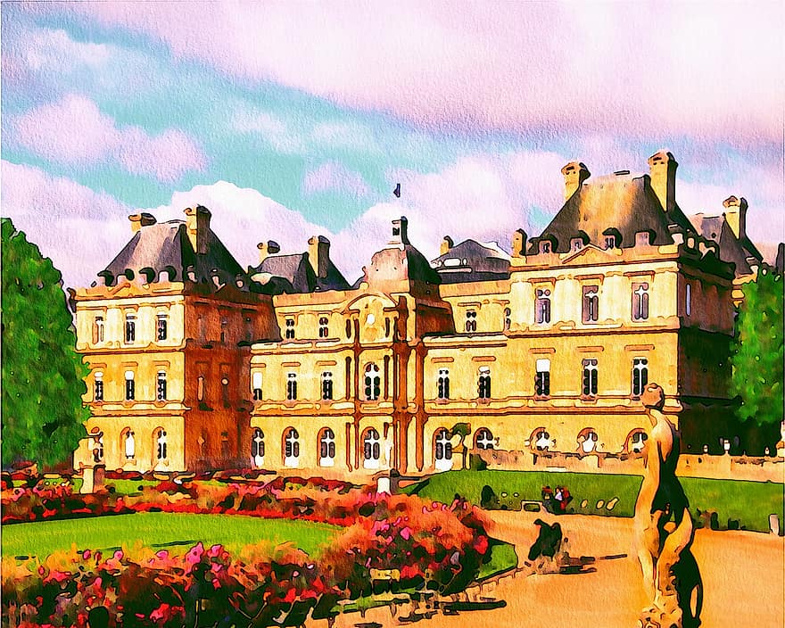 Parīzes akvarelis, Parīze, Luksemburgas dārzi, sacré coeur, arhitektūra, skulptūra, vēsturiska, statuja, parks, orientieris, mākoņi