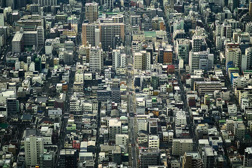 Miasto, miejski, nowoczesny, pejzaż miejski, widok z góry, widok z lotu ptaka, ulice, budynek, Tokio, Japonia