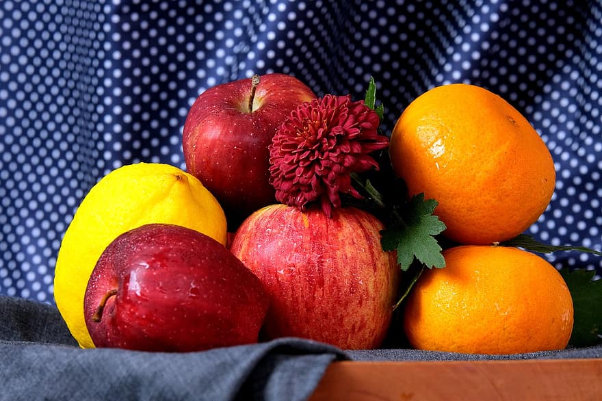 과일, 꽃, 정물, 사과, 레몬, 주황색, 달리아, 감귤류, 식품, 생기게 하다, 본질적인