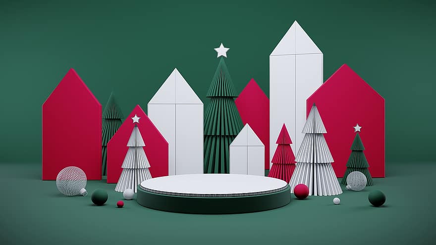 Kerstmis, podium, mockup, kerstbomen, ballen, decoratie, vakantie, feestelijk, 3d, achtergrond, tonen