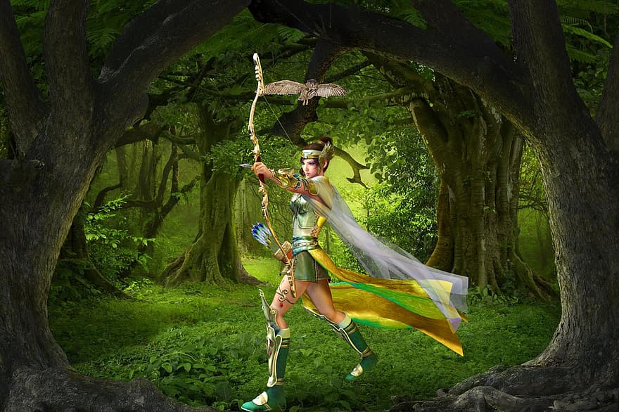 Background, Archer, Forest, Owl, Fantasy, Woman, Bow And Arrow, Character, Avatar, Digital Art