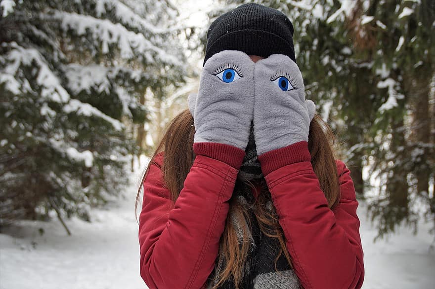 gadis, sarung tangan, mata, musim dingin, salju, berjalan, Jangan Memotret Saya, Nefotit