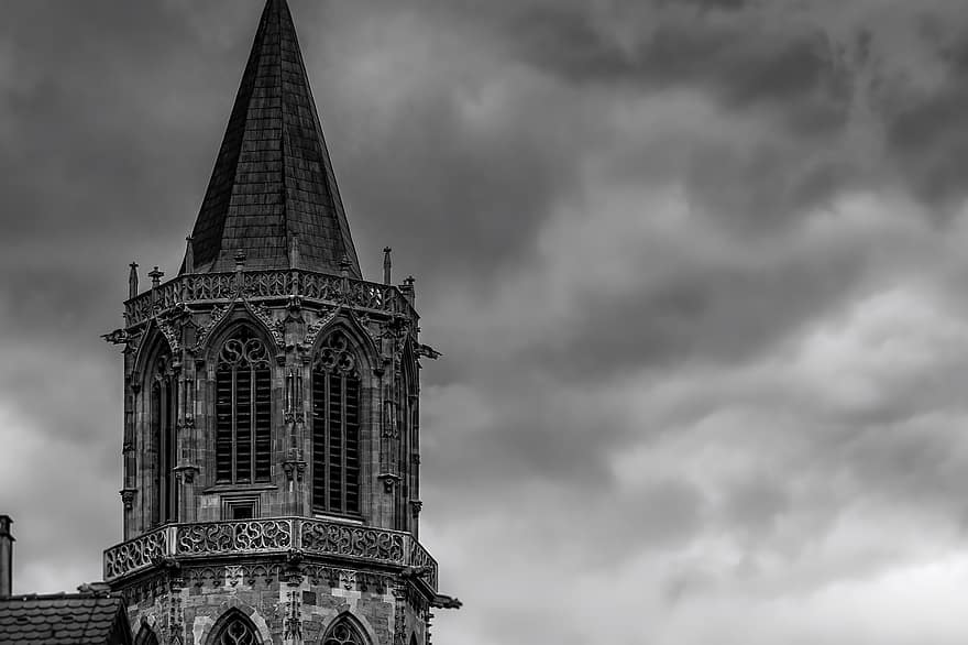 Steeple, Sky, Monochrome, Church, Architecture, Tower, Gothic, Old Building, Building, Historic, Historical