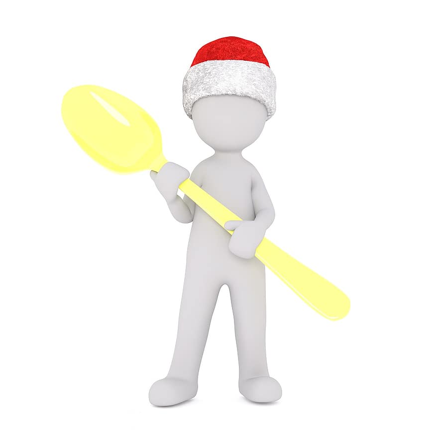 alb mascul, alb, figura, izolat, Crăciun, Model 3D, corp întreg, 3d pălărie de santa, linguriţă, mânca, supă