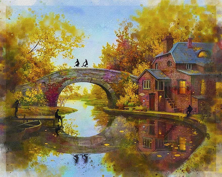 champ, pont, des silhouettes, l'automne, paysage, rivière, scénique, bâtiment
