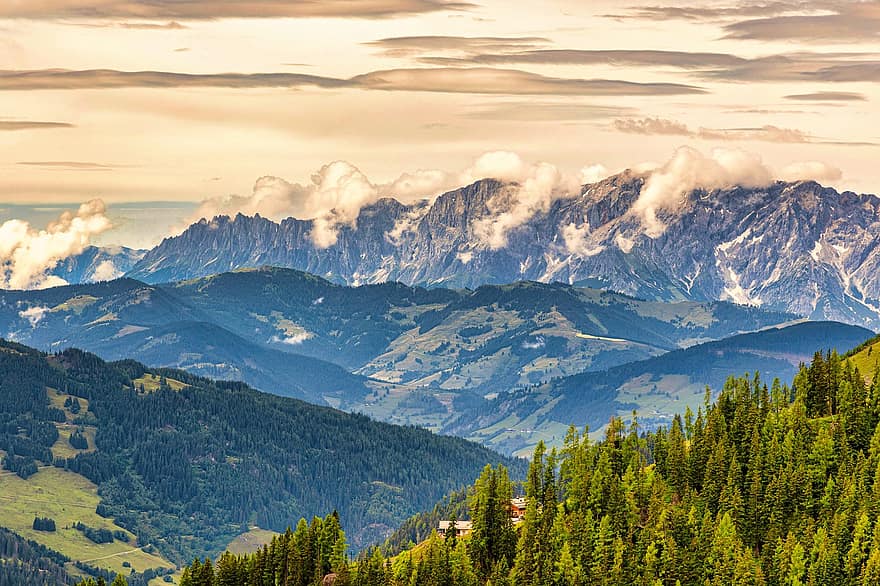 планини, дървета, гори, гора, алпийски, небе, облаци, природа, Австрия, панорама