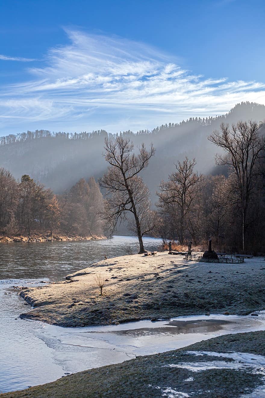 con sông, mùa đông, núi, rừng, Thiên nhiên, cây, phong cảnh, Mùa, tuyết, màu xanh da trời, Nước