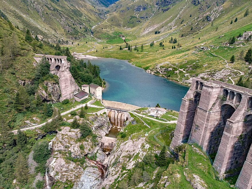 dam, rivier-, waterkracht, bergen, moeder van Gleno, Gleno Torrent, Vallei van Scalve, provincie Bergamo, Bergamo, Lombardy, Italië