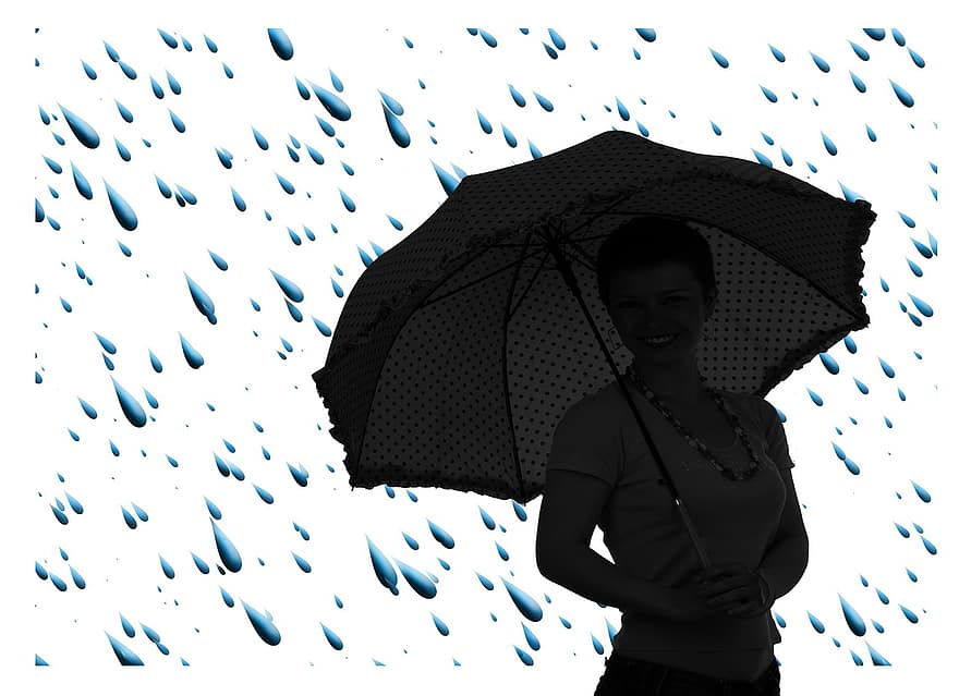 pioggia, gocciolare, goccia di pioggia, schermo, ombrello, donna, silhouette, tempo metereologico