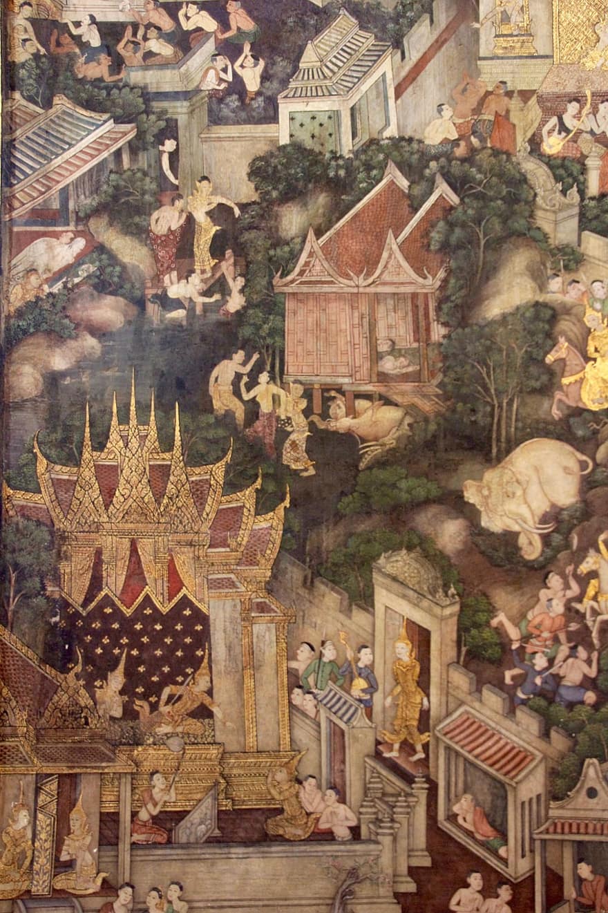 pintura, arte, templo, tailândia, mural, budismo