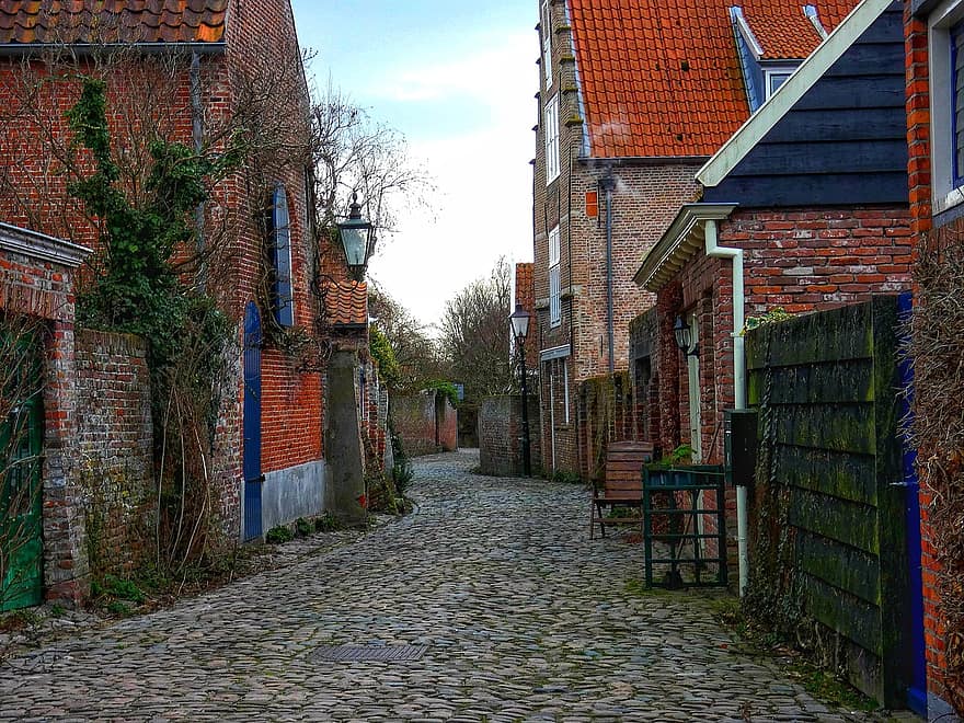 nederland, landsby, småby, landskap, bakgate, hus, asfaltert vei, arkitektur, bygge eksteriør, gammel, murstein
