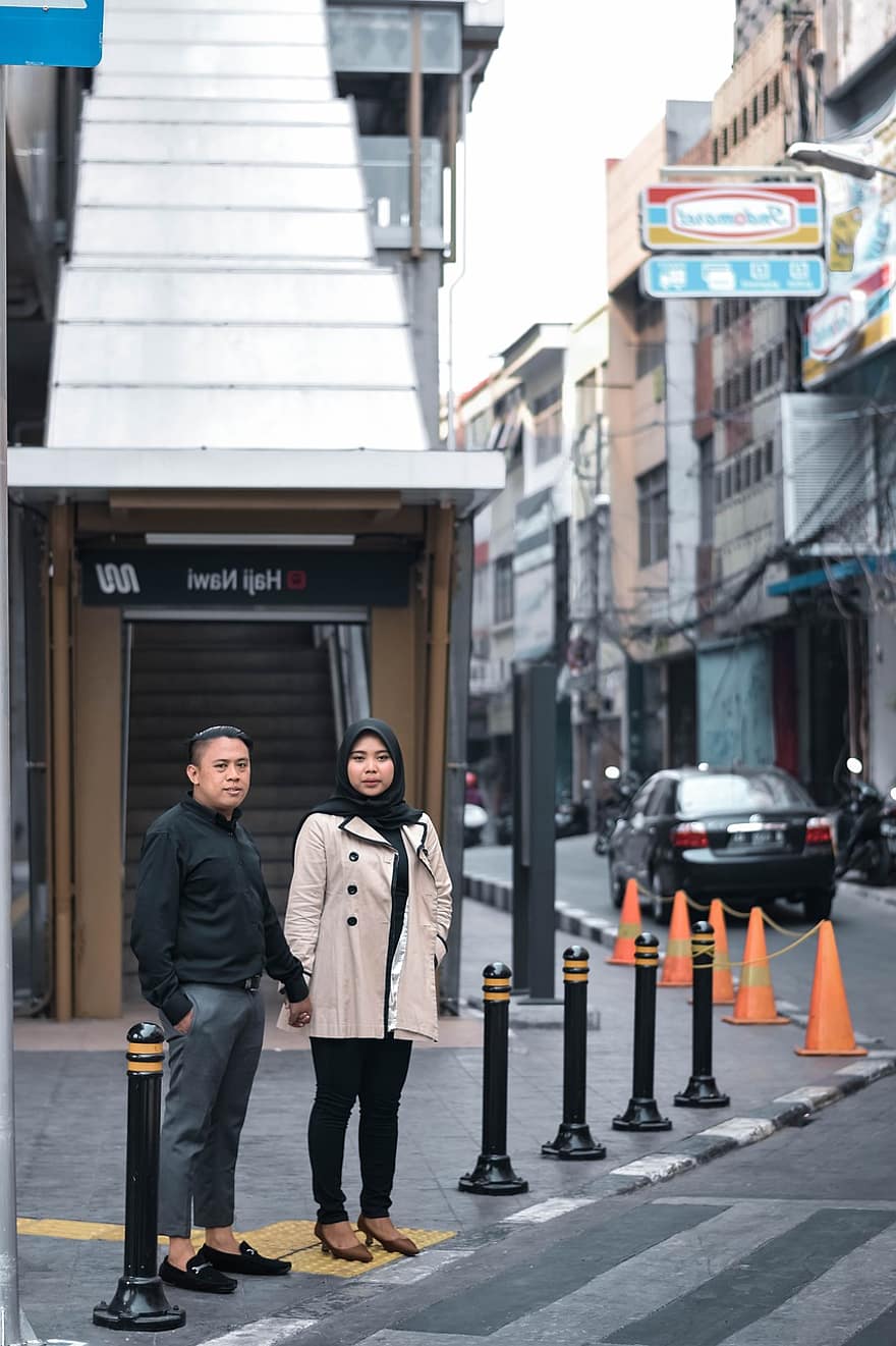 Couple, Street, Prewedding, Holding Hands, Hijab, Islam, Muslim, Asian Couple, Indonesian Couple, Indonesian, Man And Woman