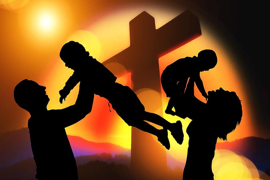 rodzina, krzyż, wiara, religia, ojciec, matka, dzieci, spójność, społeczność, radość, rodzice