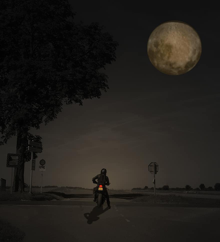 місяць, мотоцикл, ніч, чоловіки, силует, темний, один чоловік, дерево, підсвічується, місячне світло, моторошний