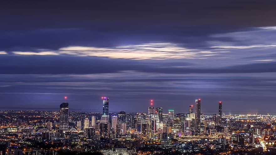 Brisbane, stad, nacht, panorama, lichten, stadslichten, horizon, wolkenkrabbers, gebouwen, metropolitaans, modern