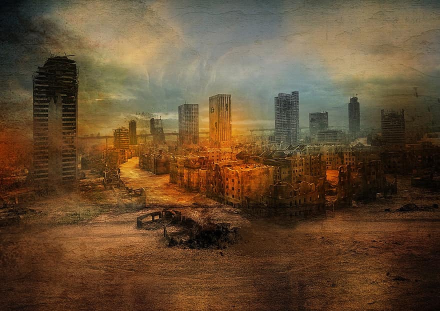 ciudad, edificios, apocalipsis, Apocalipsis, guerra, Destructi, paisaje urbano, rascacielos, arquitectura, noche, exterior del edificio