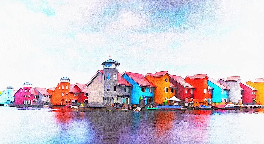 akvarel, holland, nederlandene, landsby, vand, hav, farverige huse, arkitektur, natur, marinemaleri, sol