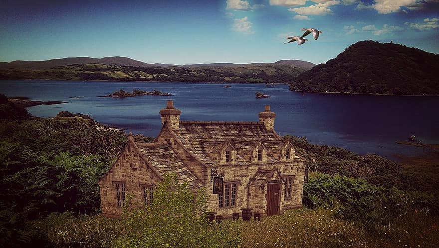 lago, panorama, Irlanda, natureza, casa, casa de Pedra, arquitetura, casa de campo, chalé, vista do mar, gansos voando