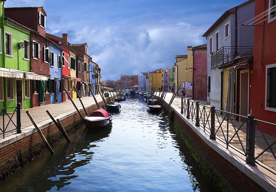 murano, via fluvial, casas, barcos, canal, aldeia, Veneza, Itália