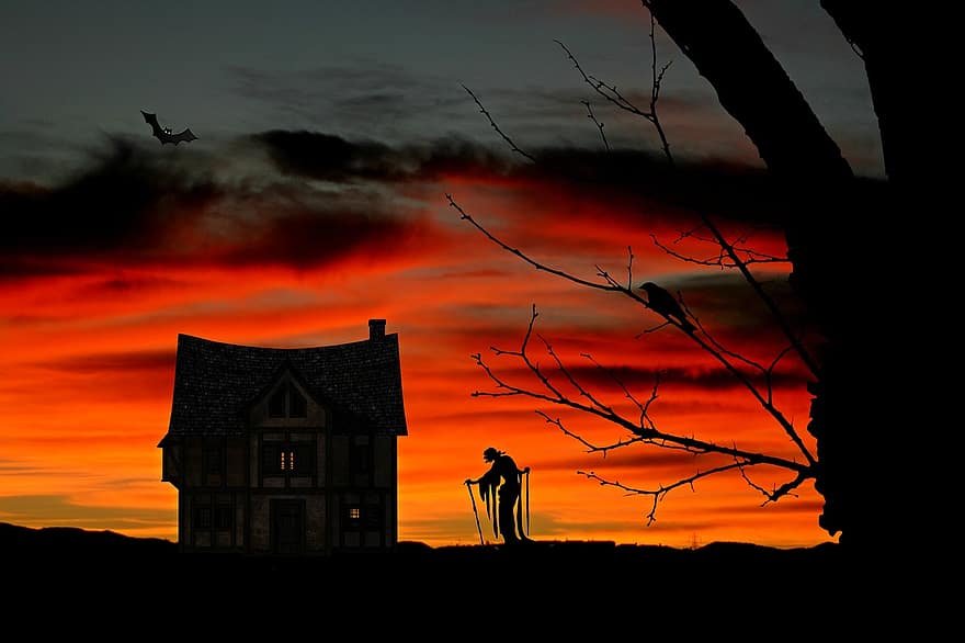 la strega, casa delle streghe, Halloween, strano, atmosfera, raccapricciante, misterioso, fiabe, buio, vecchia casa, silhouette