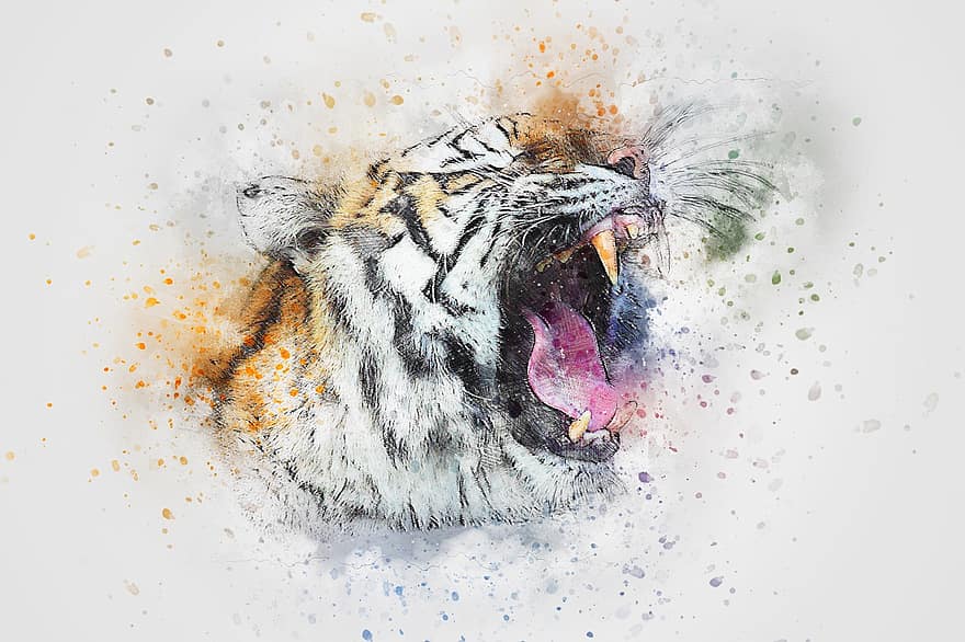 बाघ, गर्जन, जानवर, कला, सार, आबरंग, विंटेज, बिल्ली, प्रकृति, रंगीन, टी शर्ट