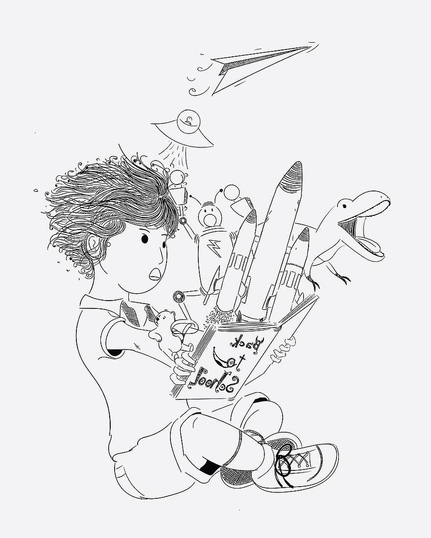 Boy, Book, Dream, Imagination, Kid, Child, Childhood, Fantasy, Concept, Fun, Art