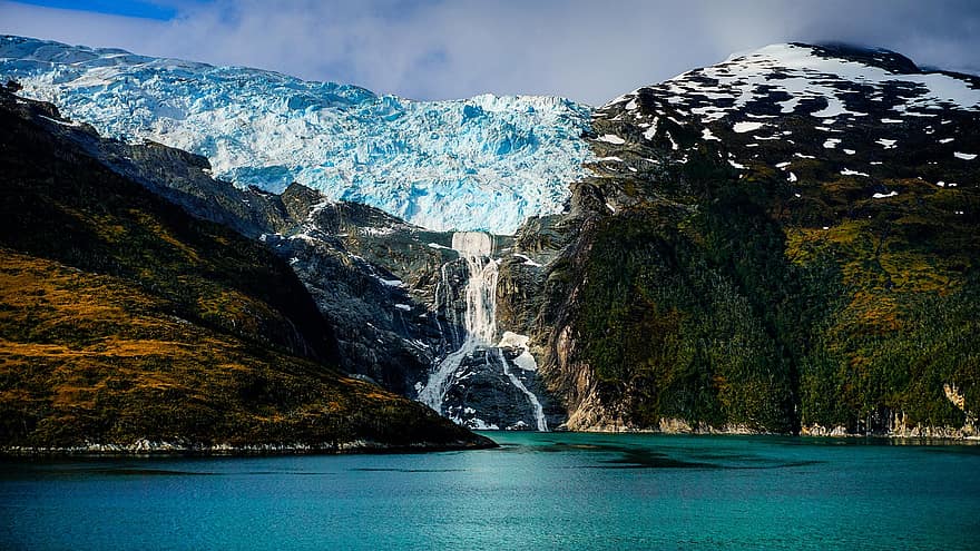 montañas, glaciar, cascada, hielo, mar, naturaleza, fiordo, Chile, enviar, crucero, agua