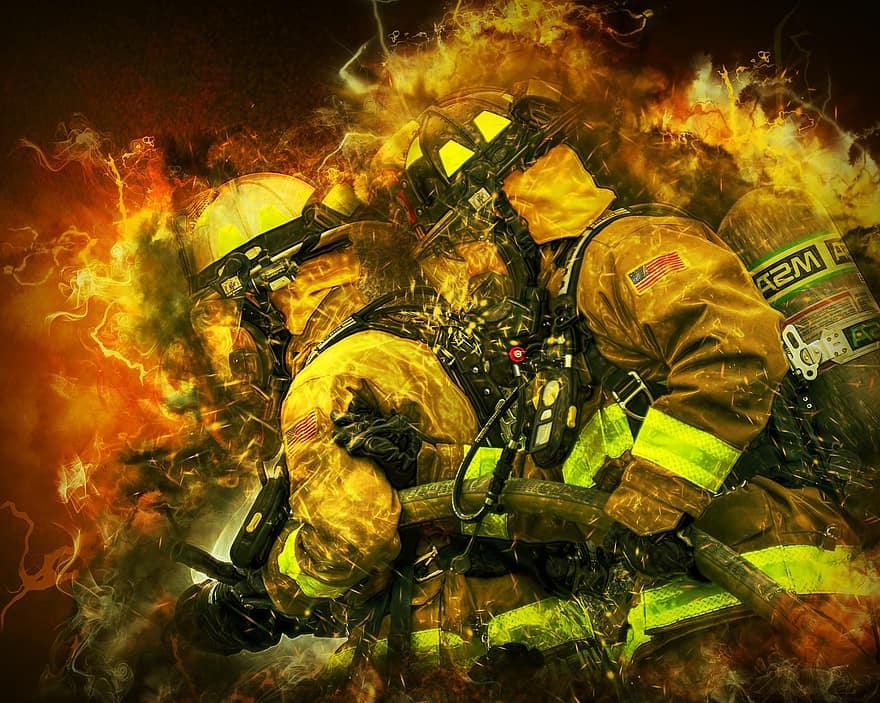 bomberos, fuego, retrato, formación, monitor, caliente, calor, manguera, peligroso, quemar, llamas