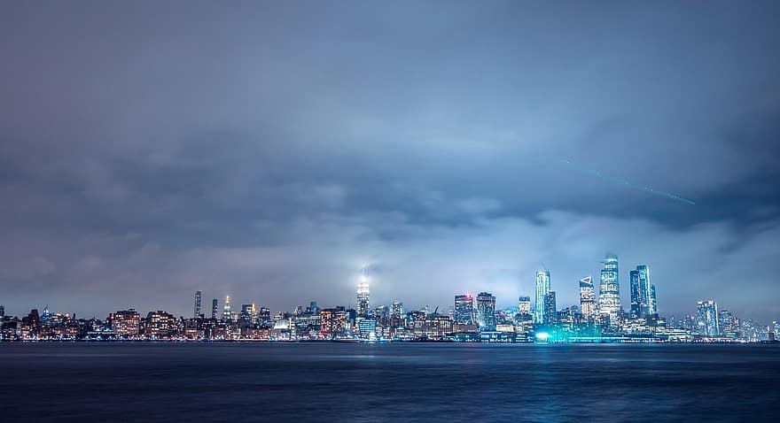 New York City, este, esőfelhők, láthatár, new york városkép, éjszaka, eső, városi, város, folyó, Egyesült Államok