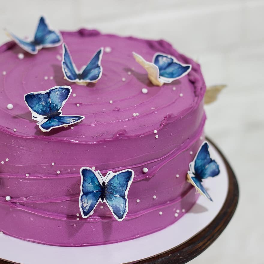 kake, sommerfugler, mat, bakt, bursdagskake, dessert, søt