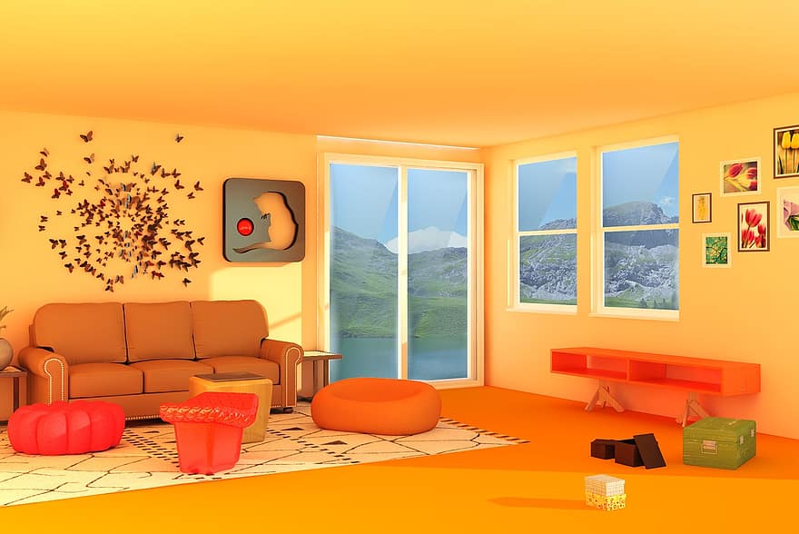 インテリア、窓、カーペット、ソファー、机、オレンジ色の窓、オレンジ色の机