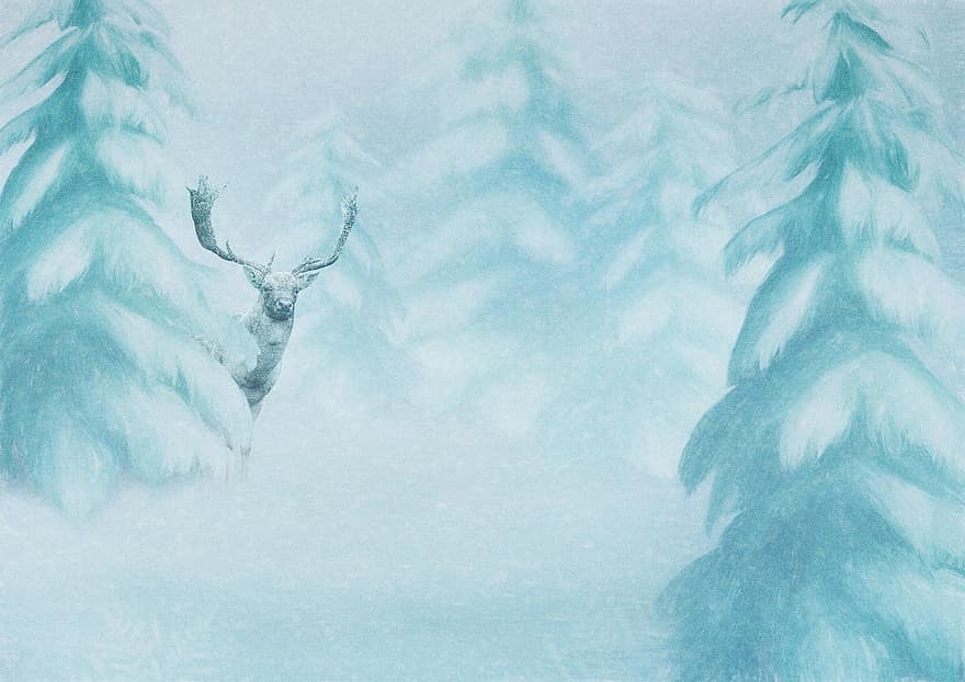 पृष्ठभूमि, हिमपात, देवदार के पेड़, हिरन, क्रिसमस की आकृति, क्रिसमस का समाये, सर्दी