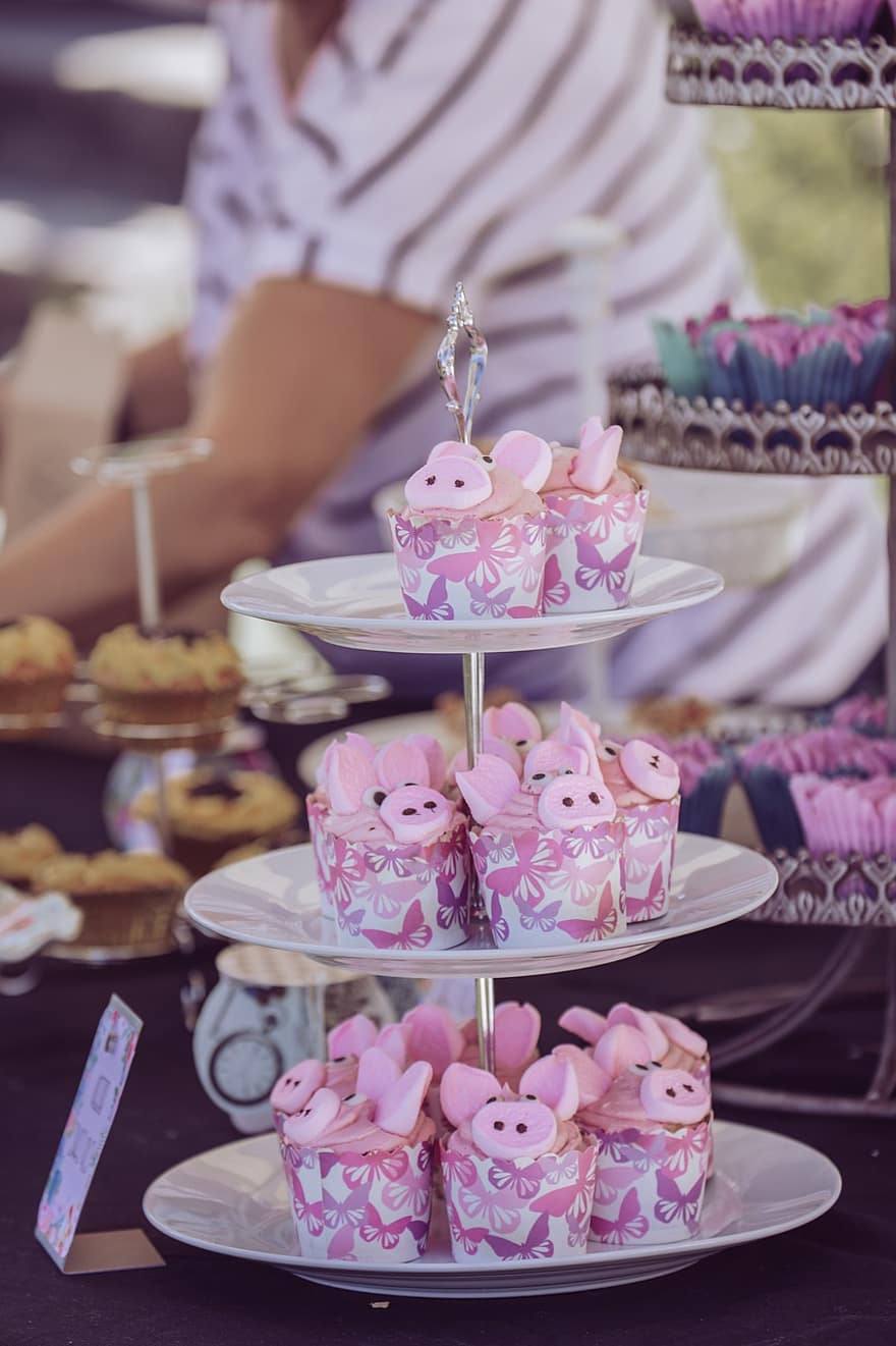 gris, cupcake, kake, dessert, fersk, mat, rosa farge, søt mat, gourmet, bord, dekorasjon