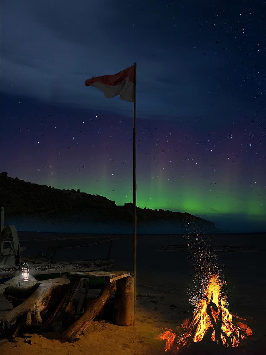 fuoco di bivacco, spiaggia, bandiera, cielo stellato, aurora, Aurora boreale, scenario, notte