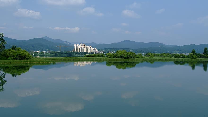 fiume Han, edifici, acqua, fiume, Corea, Yangpyeong, montagne, riflessione, appartamenti, città, natura