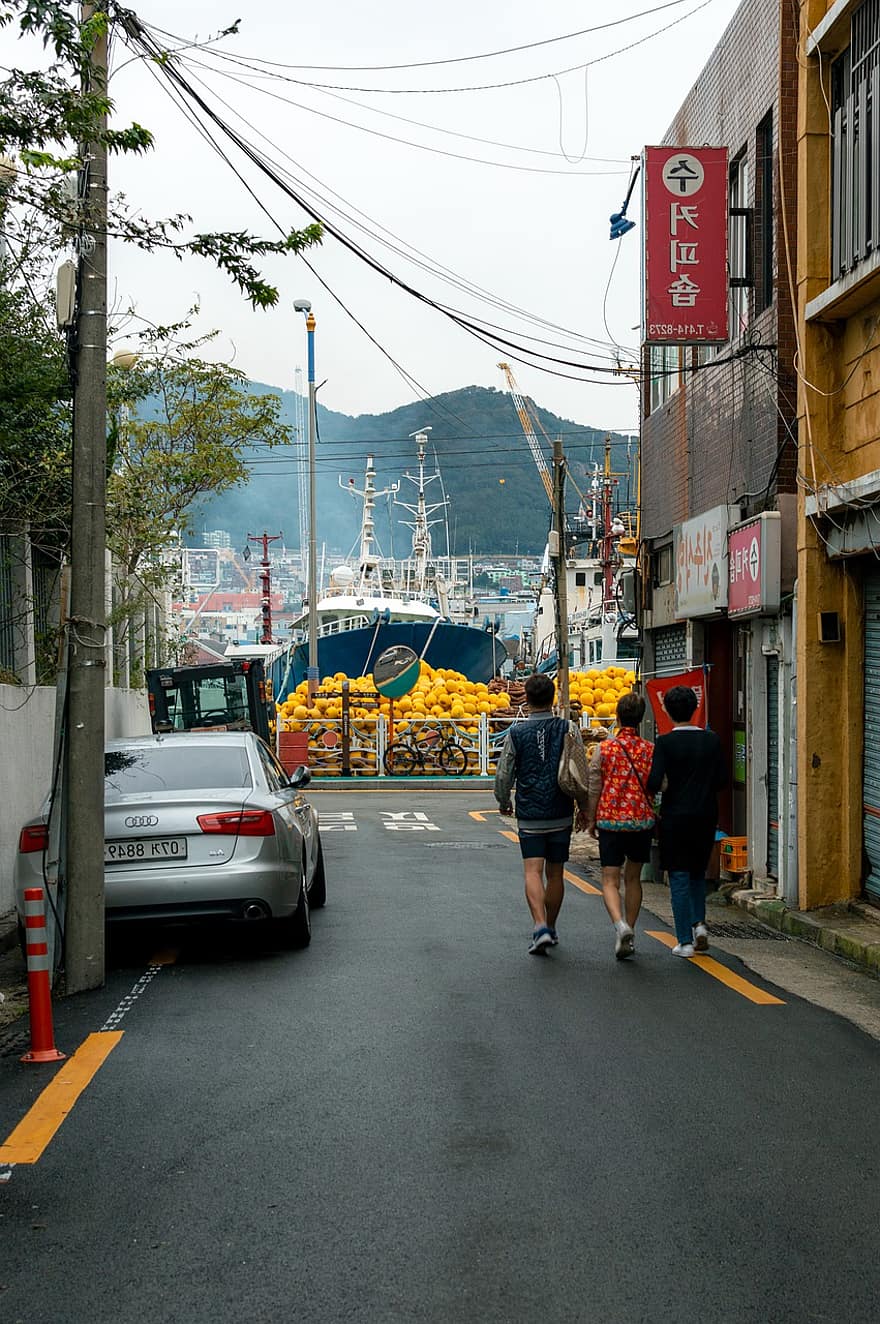 釜山、韓国、通り、散歩、マリーナ、道路、風景、シティ、船、アジア