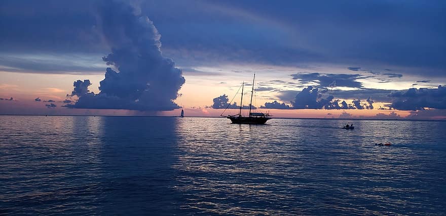 solnedgang, båd, hav, Cozumel, udendørs, ocean