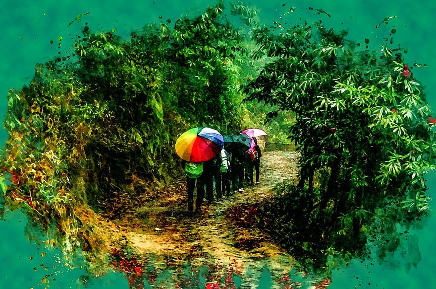 τέχνη, χρώμα νερού, ομπρέλα, καιρός