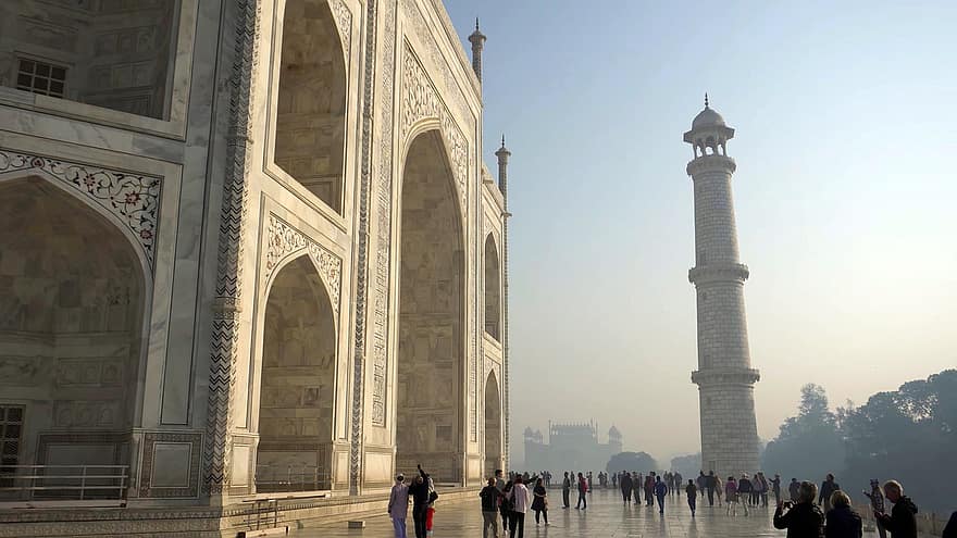 Taj Mahal, tomba, turisme, turistes, gent, edifici, arquitectura, pilars, monument, referència, històric