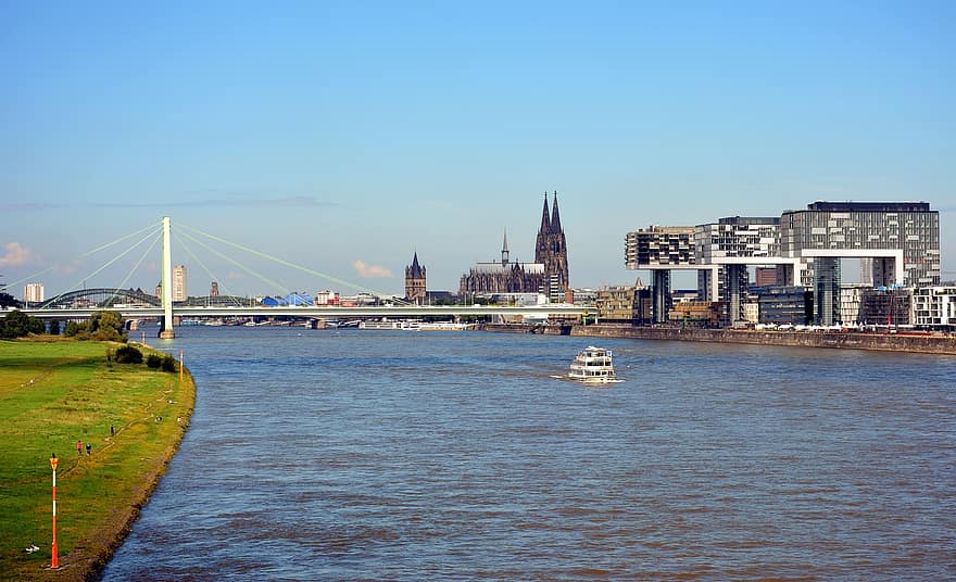Kolín nad Rýnem, řeka, most, Jeřábové domy, Německo, rhine, kostel, katedrála, groß st martin, mezník, Pollerwiesen