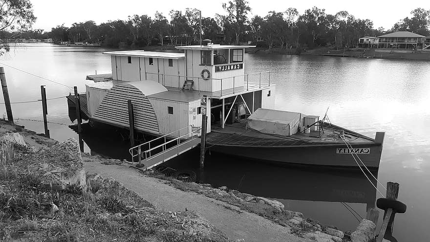 thuyền, hấp chèo, con sông, Ps Canally, Sông Murray, morgan, Châu Úc, đơn sắc, lịch sử, Nồi hấp mái chèo cũ
