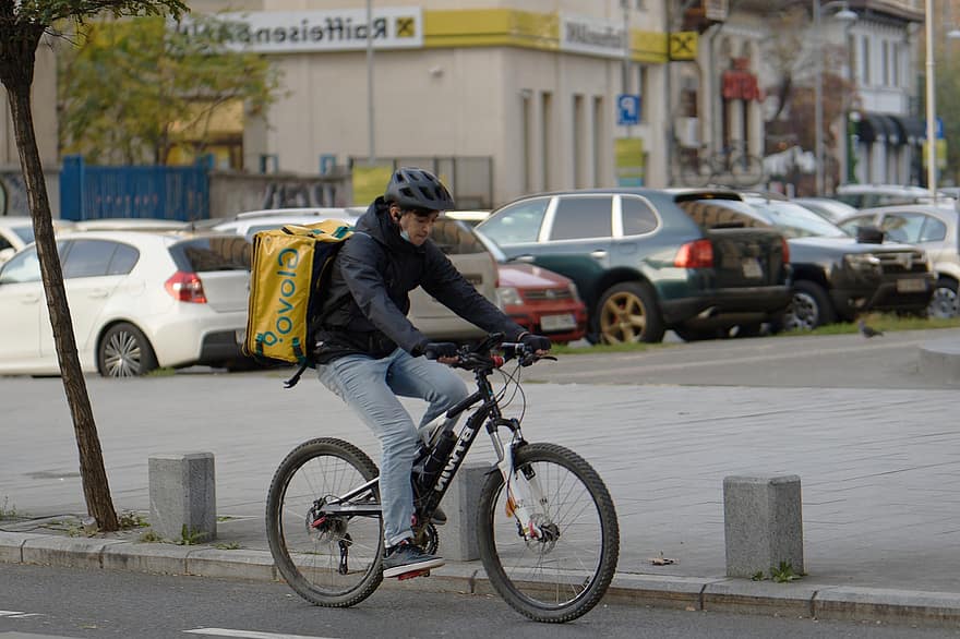 missatgeria, repartidor, bicicleta, empleat, urbà