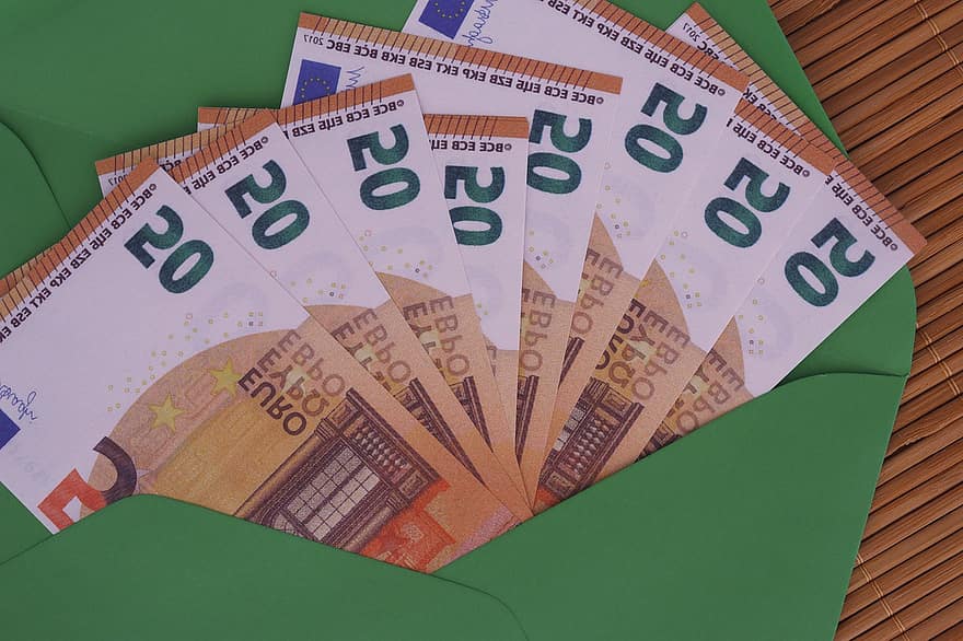 お金、ユーロ、通貨、エンベロープ、贈り物、支払う、ファイナンス、貯金、所得