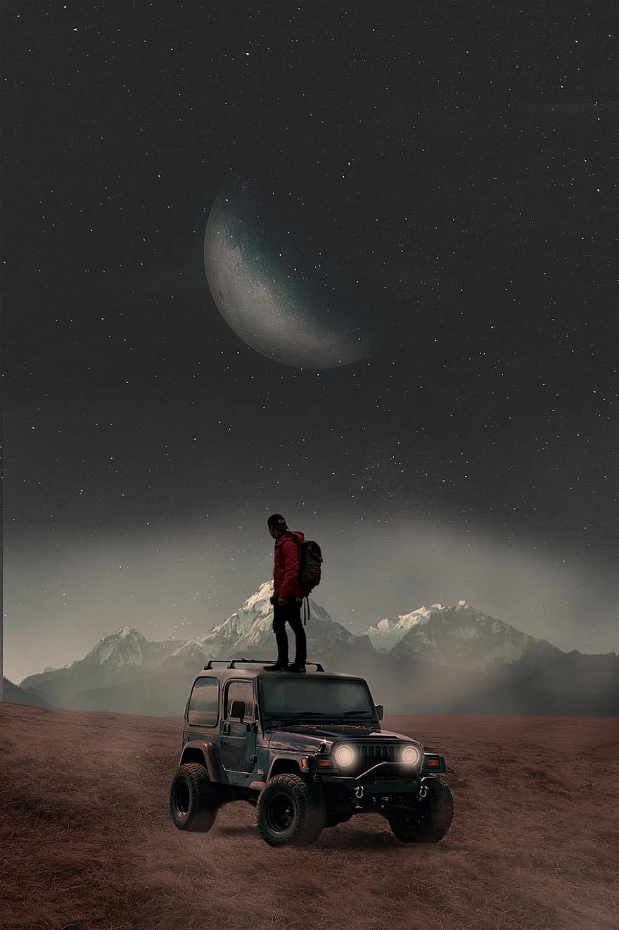 pria, mobil, bulan, gurun, truk, gunung, bukit, lampu mobil, bintang, pendaki, pemandangan