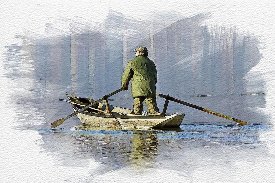 Boat, Lake, Man, Fisherman, Rowing Boat, Reflection, Quiet, Digital, Art, Watercolor
