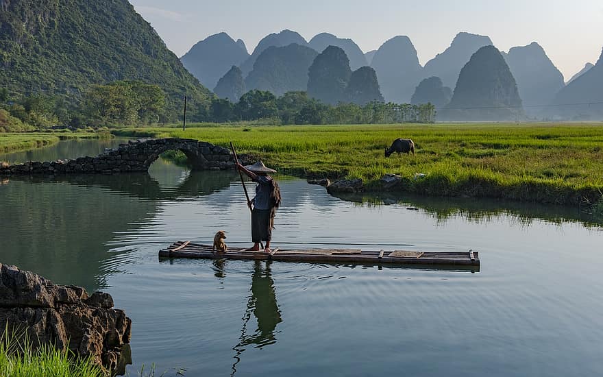 Fluss, Fischer, Brücke, Berge, Guilin, China, Landschaft, Wasser, Männer, Berg, ländliche Szene